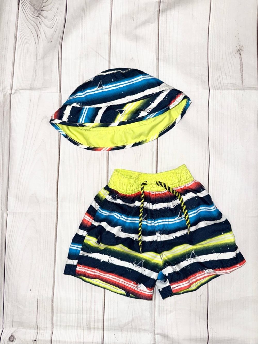 Toddler Boy Swim Trunks with Matching Sunhat - Size 2T